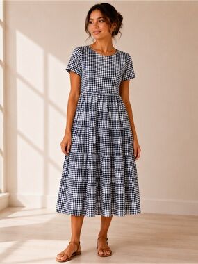Listicle Gingham Tiered Midi Dress in Navy and White